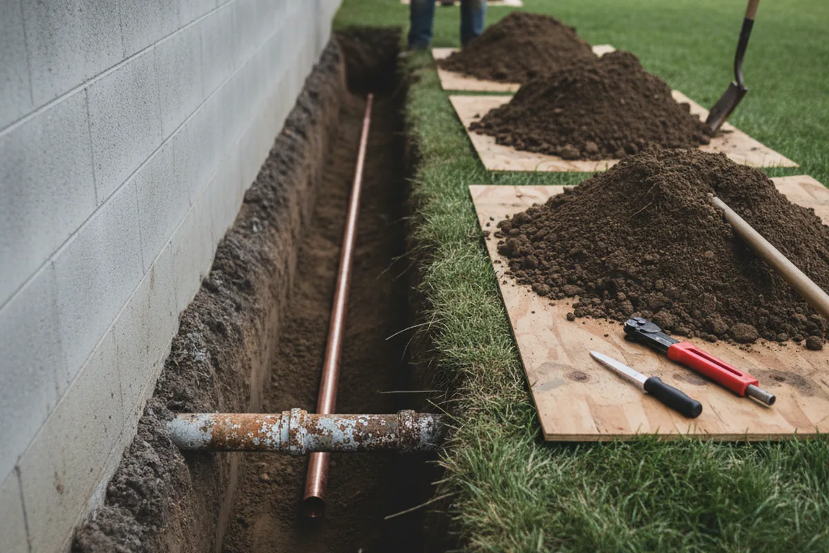Excavated water line trench during Sewer Line Repair in Ashuelot